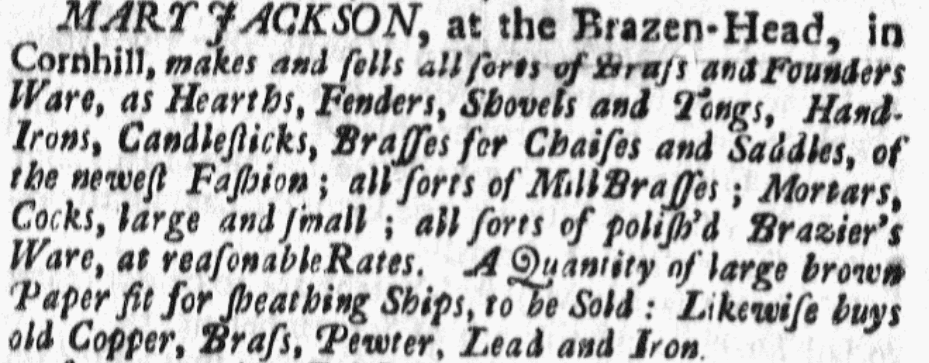 An ad for Mary Jackson and her Brazen Head shop, Boston Gazette newspaper advertisement 11 October 1736