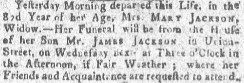 An article about Mary Jackson, Boston Gazette newspaper article 13 November 1780