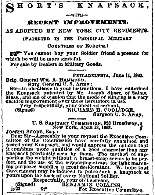 An ad for Short's Patent Knapsack, Boston Morning Journal newspaper article 28 July 1863