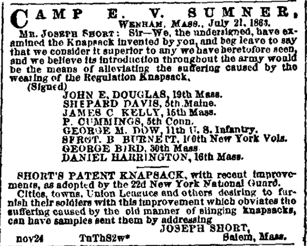 An ad for Short's Patent Knapsack, Boston Morning Journal newspaper advertisement 24 November 1863