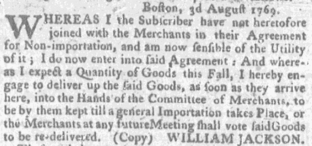 An article about William Jackson, Boston News-Letter newspaper article 25 January 1770