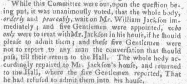 An article about William Jackson refusing a meeting, Boston News-Letter newspaper article 25 January 177