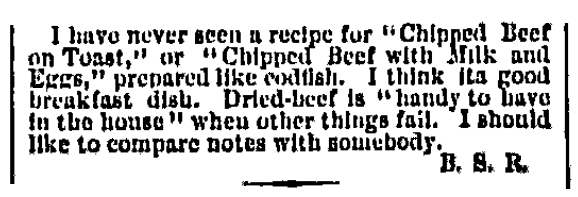 An article about chipped beef on toast, Chicago Daily Tribune newspaper article 30 September 1876