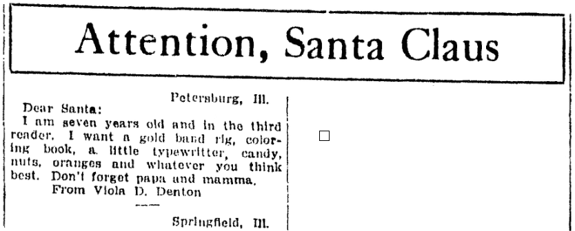 A letter to Santa Claus, Daily Illinois State Journal newspaper article 24 December 1915