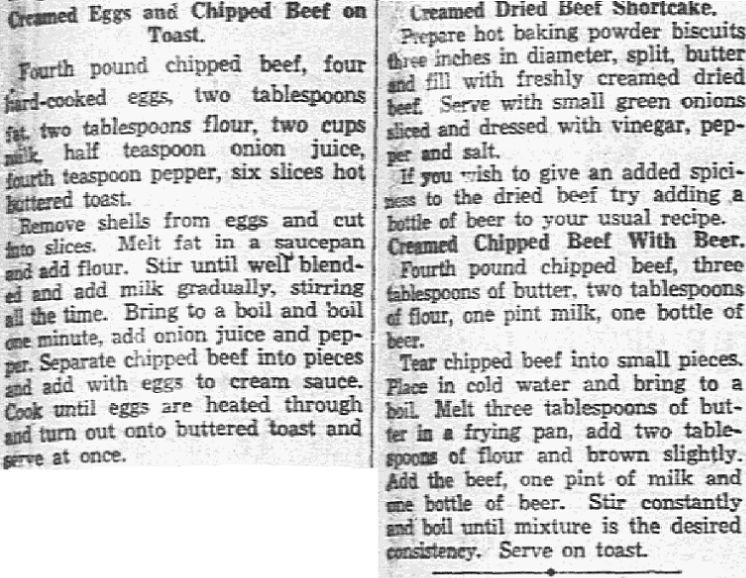 Recipes for chipped beef on toast, Dallas Morning News newspaper article 18 May 1934