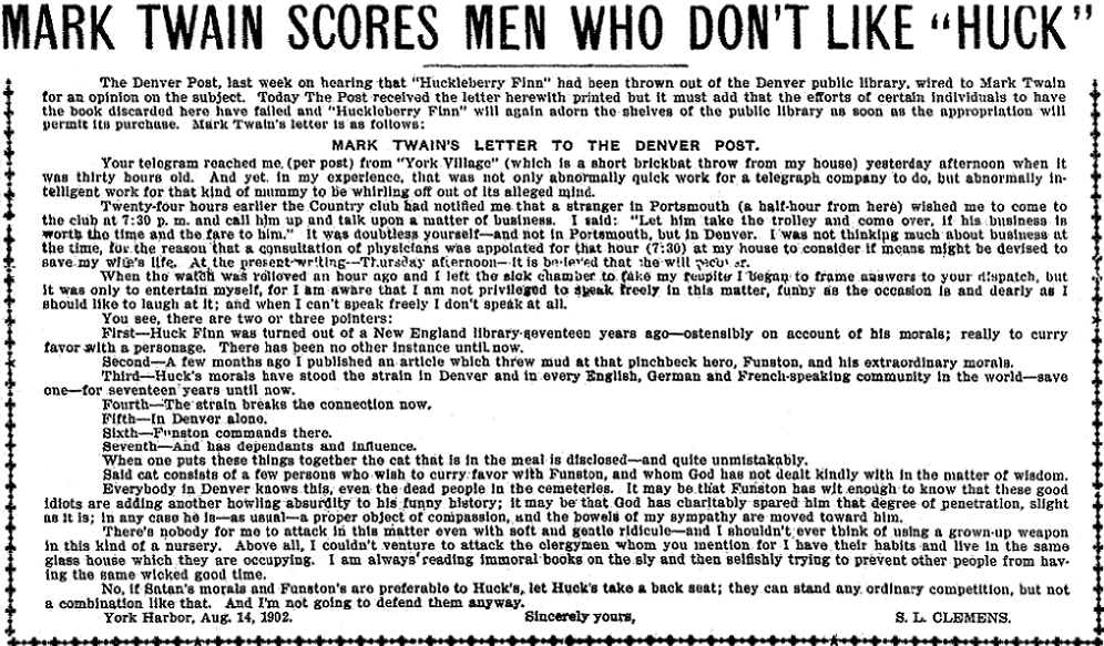 An article about Mark Twain and Huckleberry Finn, Denver Post newspaper article 18 August 1902