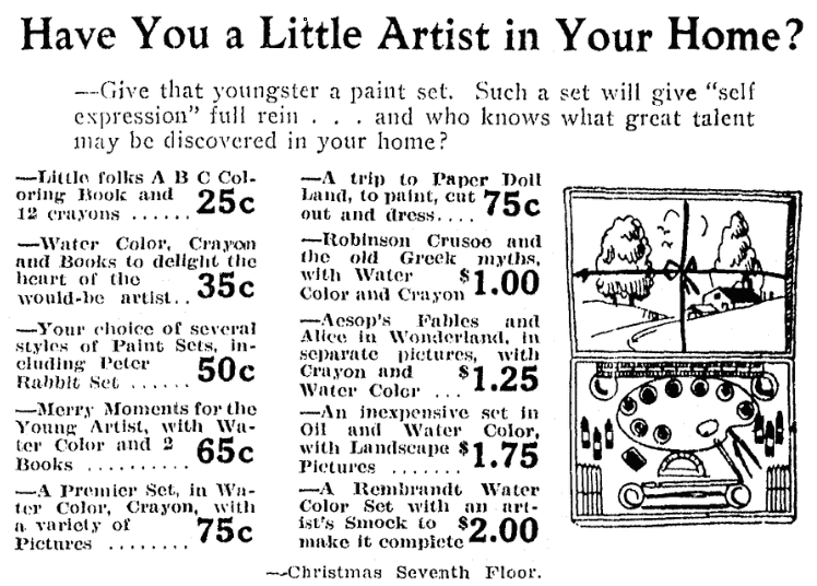 An ad for art supplies, Grand Rapids Press newspaper advertisement 15 December 1927