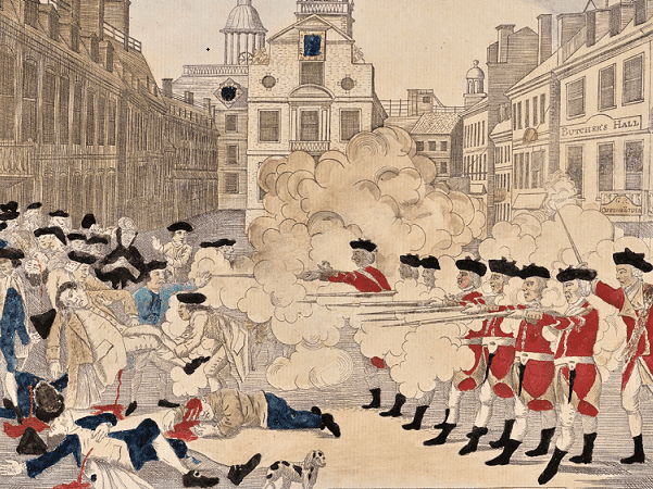 Illustration: "The Boston Massacre" (1770) as depicted in a colored engraving by Paul Revere. The Metropolitan Museum of Art, New York, gift of Mrs. Russell Sage, 1910 (accession no. 10.125.103); www.metmuseum.org.