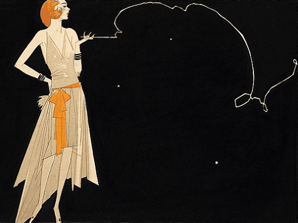 Illustration: "Where There's Smoke There's Fire" by Russell Patterson, showing a fashionably dressed flapper in the 1920s. Credit: Library of Congress, Prints and Photographs Division.
