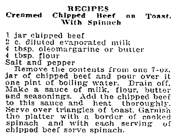 A recipe for chipped beef on toast, Patriot newspaper article 19 March 1920