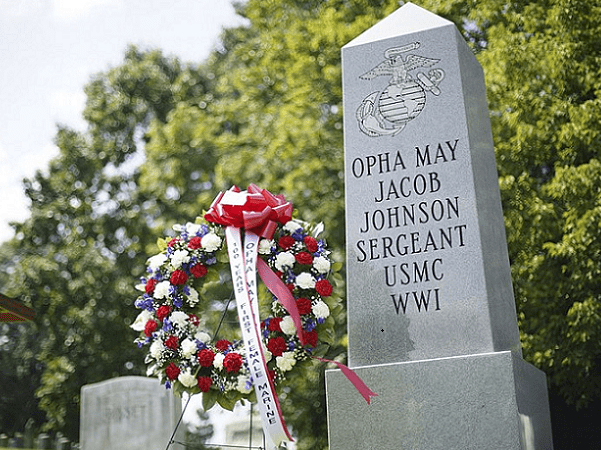 Photo: the Opha May Johnson monument, St. Paul’s Rock Creek Cemetery, Washington, D.C., was unveiled on 29 August 2018. Credit: Lance Cpl. Paul Ochoa of U.S. Marines; Wikimedia Commons.