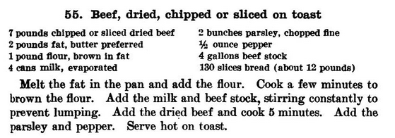 Photo: chipped beef on toast recipe from “Technical Manual: The Army Cook,” p. 165
