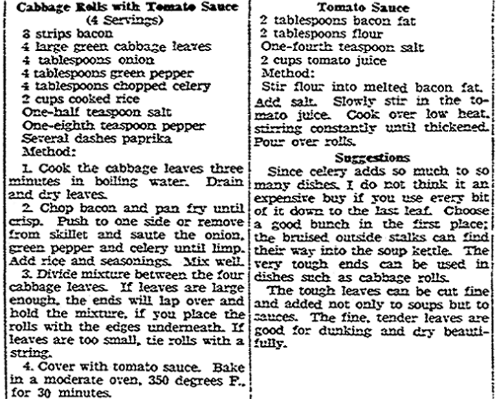 A recipe for cabbage rolls, Register-Republic newspaper article 6 February 1948