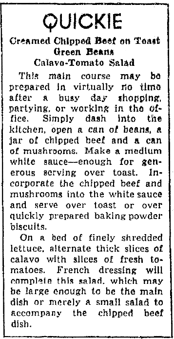 A recipe for chipped beef on toast, Seattle Daily Times newspaper article 8 May 1939