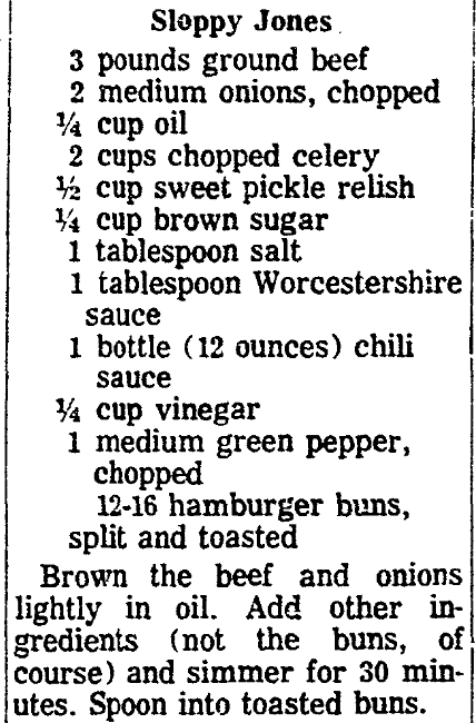 A recipe for sloppy joes, State Times Advocate newspaper article 26 August 1971