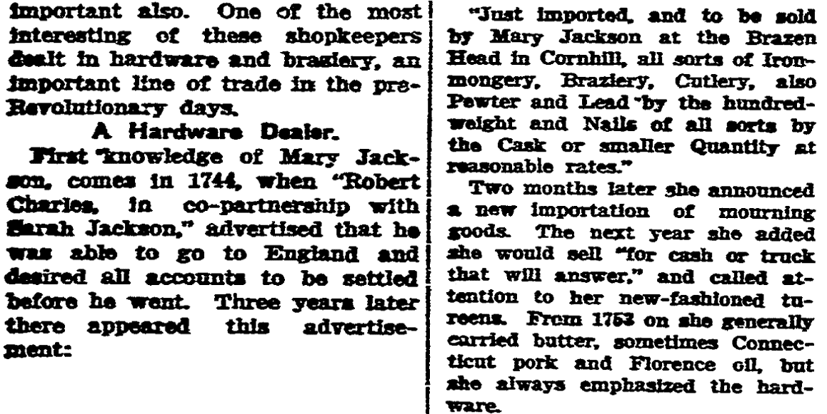 An article about Mary Jackson and her Brazen Head shop, State Times Advocate newspaper article 12 September 1924