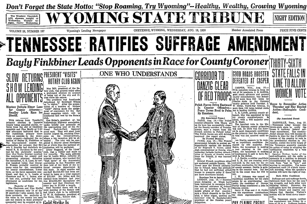 An article about the 19th Amendment, Wyoming State Tribune newspaper article 18 August 1920