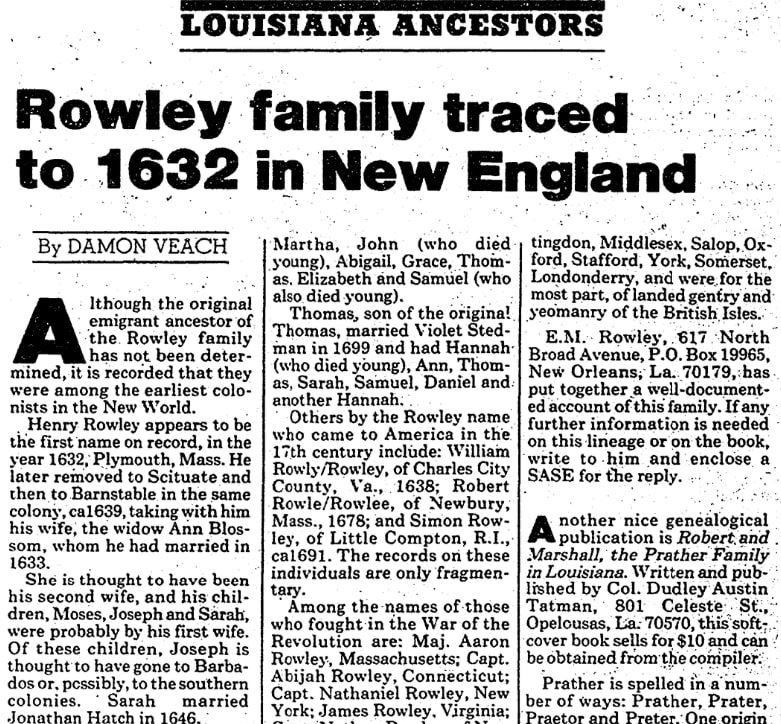 An article about the Rowley family line, Advocate newspaper article 7 November 1982