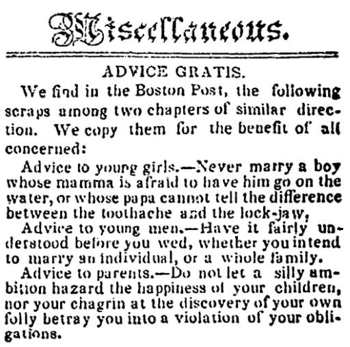 Advice column, Alexandria Gazette newspaper article 12 December 1840