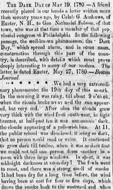 An article about New England's 1780 Dark Day, Barre Patriot newspaper article 4 February 1853