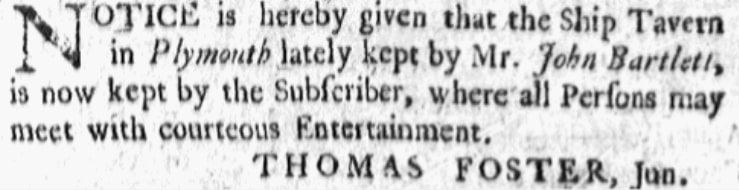 An ad about Thomas Foster's tavern, Boston Gazette newspaper advertisement 10 January 1757