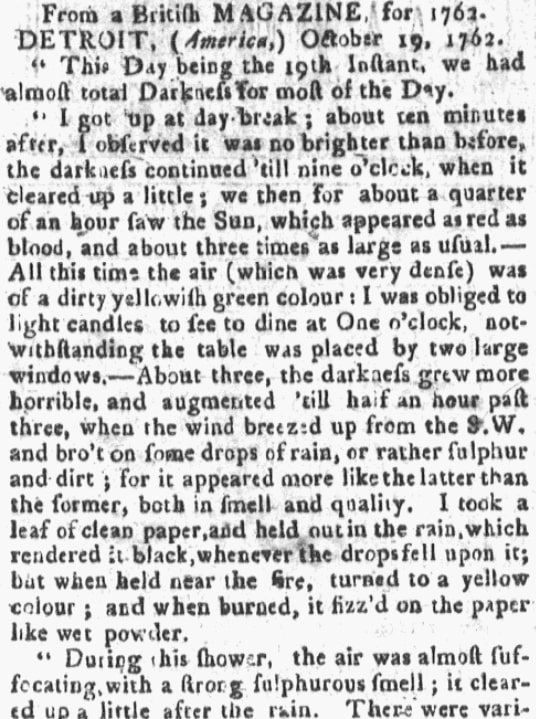 An article about a Detroit, Michigan, "Dark Day," Boston Gazette newspaper article 29 May 1780