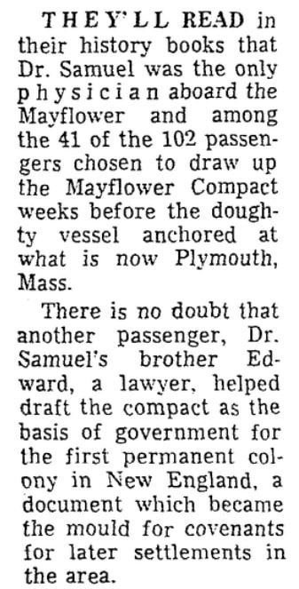 An article about the Mayflower passengers and their descendants, Columbus Dispatch newspaper article 23 November 1967