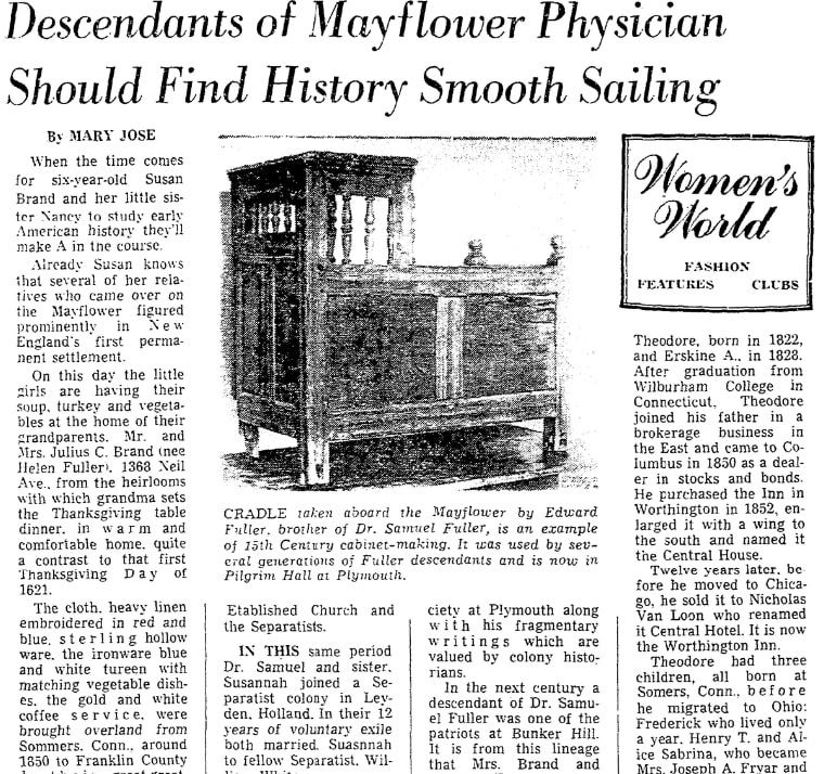 An article about the Mayflower passengers and their descendants, Columbus Dispatch newspaper article 23 November 1967