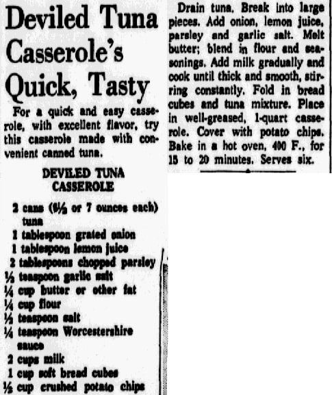 A recipe for tuna casserole, Dallas Morning News newspaper article 4 April 1968