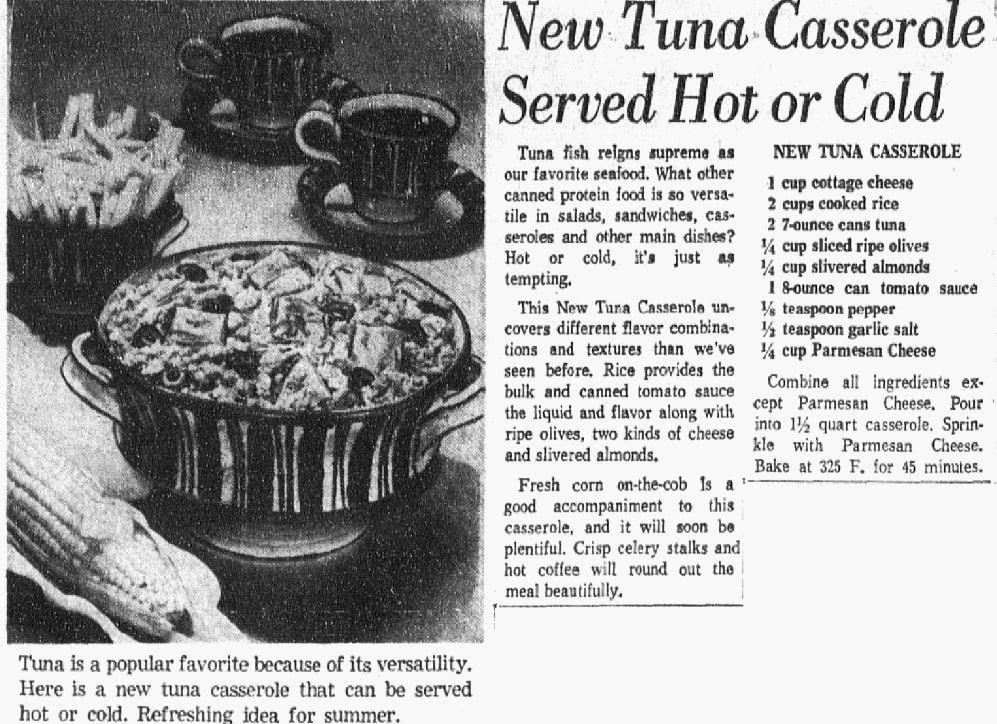 A recipe for tuna casserole, Dallas Morning News newspaper article 21 May 1964