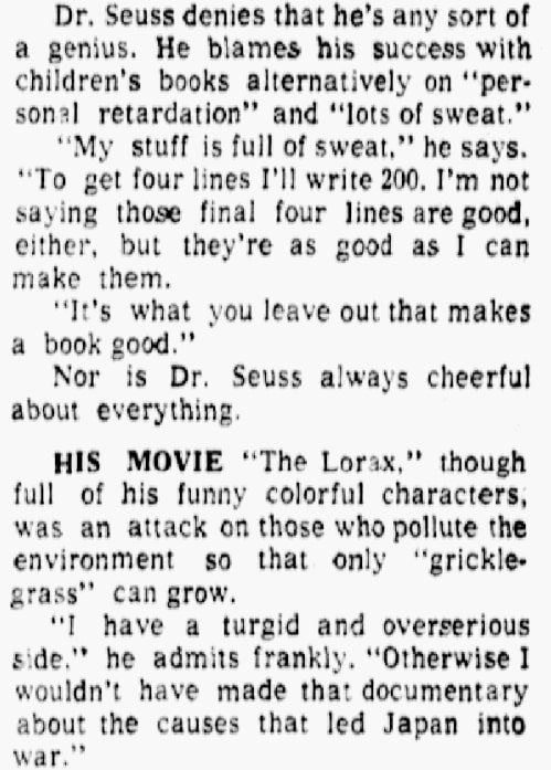 An article about Dr. Seuss, Dallas Morning News newspaper article 14 September 1974