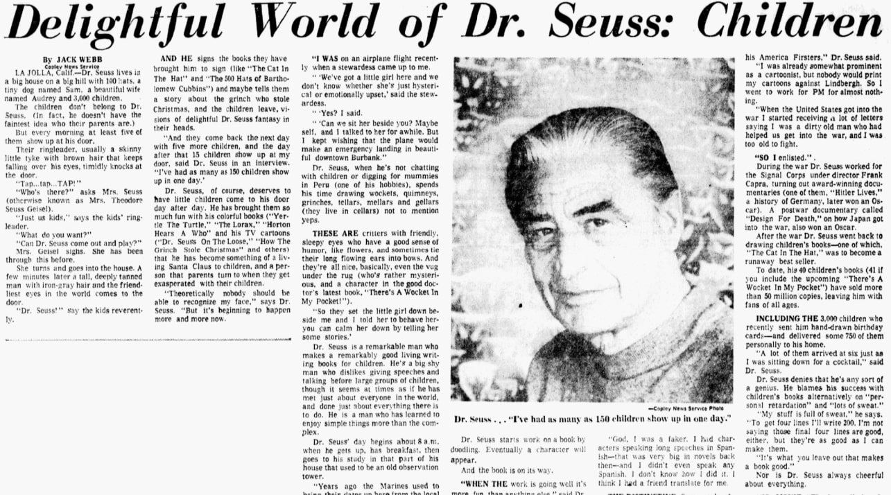 An article about Dr. Seuss, Dallas Morning News newspaper article 14 September 1974