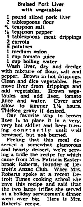 A pork liver recipe, Detroit Times newspaper article 22 January 1943