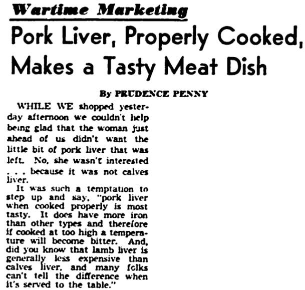 An article about pork liver, Detroit Times newspaper article 22 January 1943