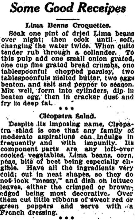 Lima Bean recipes, Kalamazoo Gazette newspaper article 19 June 1907