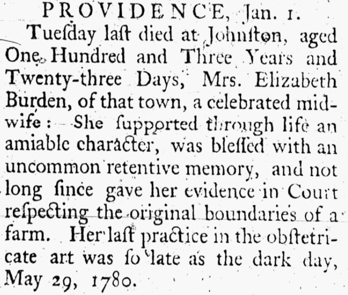 An obituary for Elizabeth Burden, Litchfield Monitor newspaper article 4 January 1785