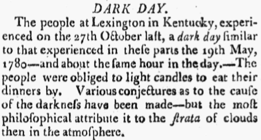 An article about a Lexington, Kentucky, "Dark Day," Massachusetts Centinel newspaper article 20 January 1790