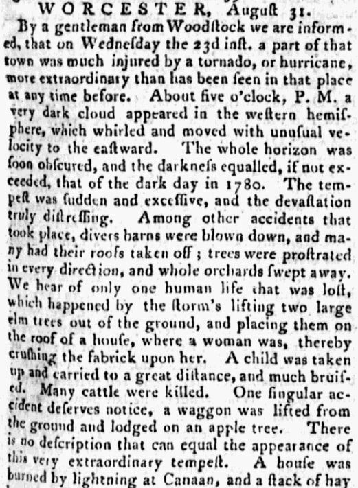 An article about a New England "Dark Day," Massachusetts Gazette newspaper article 1 September 1786