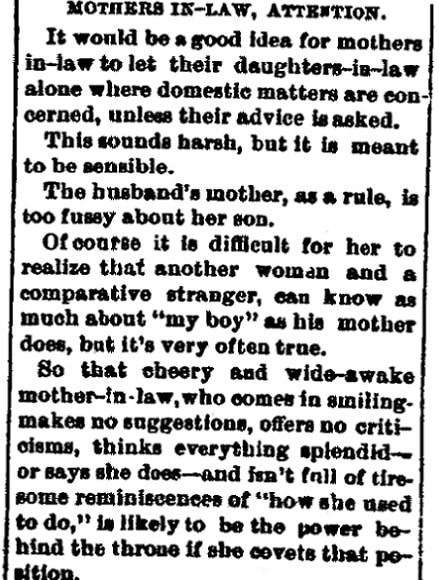 An article about mothers-in-law, Middletown Transcript newspaper article 10 August 1895