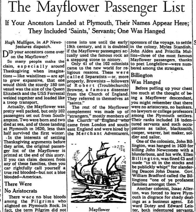 An article about the Mayflower Pilgrims, Milwaukee Journal newspaper article 27 November 1957