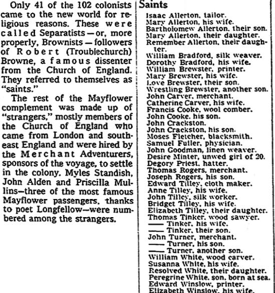 An article about the Mayflower Pilgrims, Milwaukee Journal newspaper article 27 November 1957