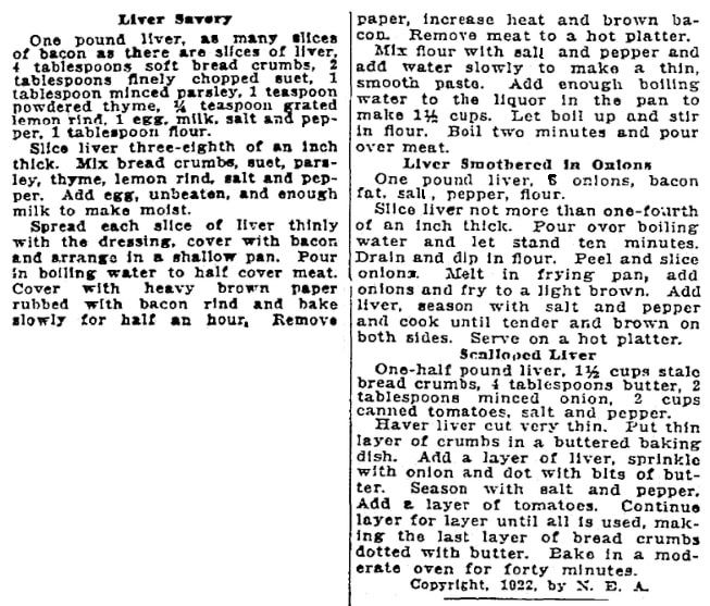 Liver recipes, Patriot newspaper article 24 January 1922