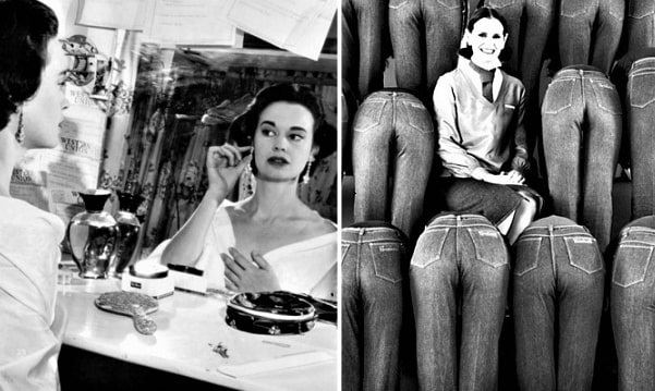 Photo: Gloria Vanderbilt, photo of her and her jeans ad -- from "Gloria Vanderbilt -- Blue Jeans Fit for the Masses." Permission to publish: Sally Edelstein.