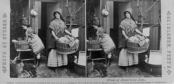 Photo: “The Young Housekeeper – Washing Day,” stereo photo, c. 1870