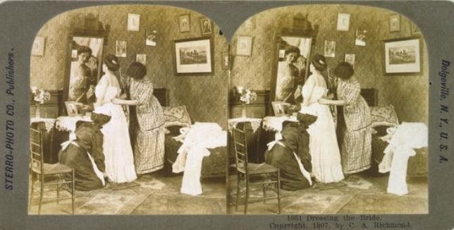 Photo: “Dressing the Bride,” stereo photo, 1907