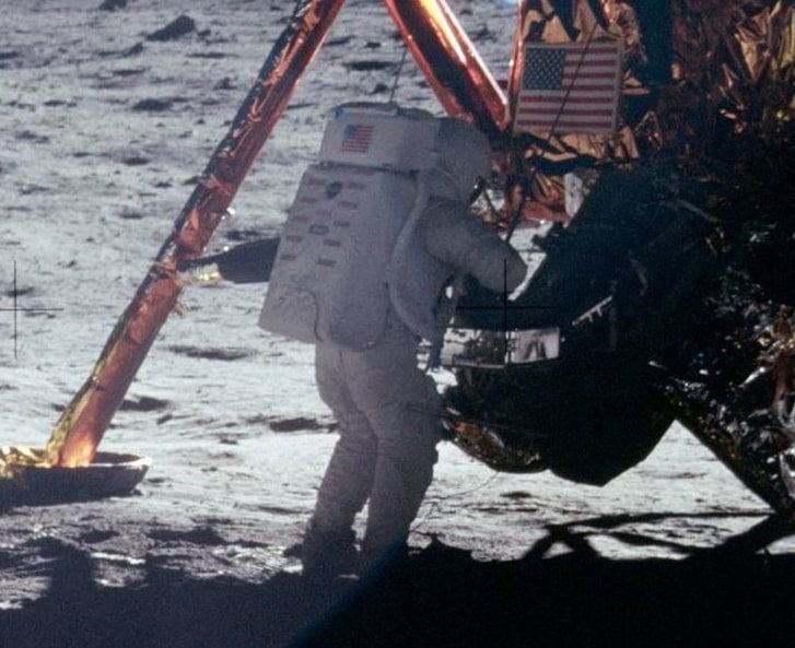 Photo: Astronaut Neil Armstrong works at the Lunar Module in the only photo taken of him on the moon from the surface; photo taken by Buzz Aldrin