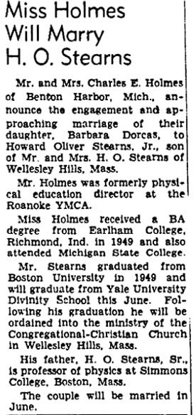 A wedding notice for Barbara Holmes and Howard Stearns Jr., Roanoke Times newspaper article 1 April 1952