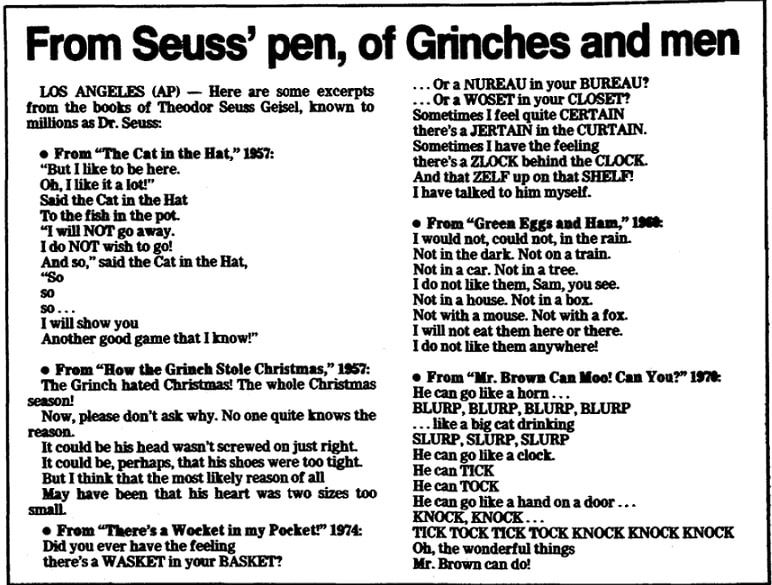 An article about Dr. Seuss, Trenton Evening Times newspaper article 26 September 1991