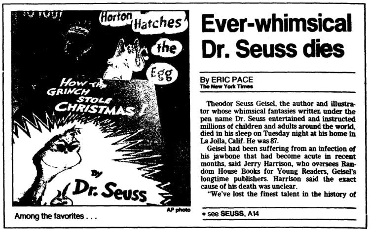 An article about Dr. Seuss, Trenton Evening Times newspaper article 26 September 1991