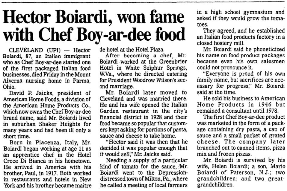 An article about Chef Boyardee, Washington Times newspaper article 24 June 1985